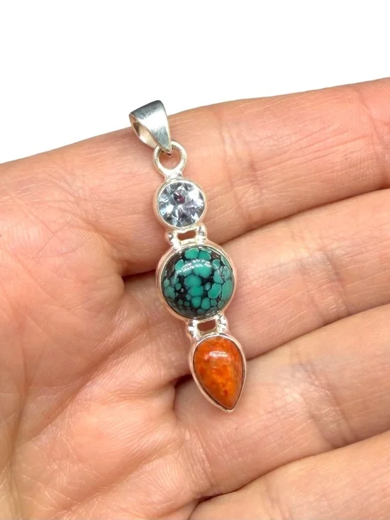 Tibetan Turquoise Sponge Coral & Blue Topaz Necklace Pendant 925 Sterling Silver - Picture 3 of 4